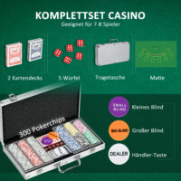 Silberner Pokerkoffer mit 300 Chips und Schloss, Komplettset für Pokerabende
