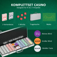 Pokerkoffer Set 500 Chips mit Schloss, zwei Kartendecks und Würfeln, Premium Alukoffer für Pokerspiele.