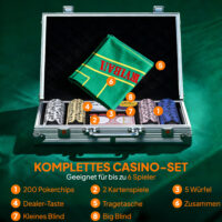 Pokerkoffer Set mit Chips Karten Würfeln und Dealer Button