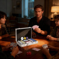 Pokerkoffer Set mit Chips Karten Würfeln und Dealer Button