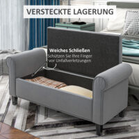 Graue Polsterbank in Samtoptik mit Stauraum, Masse 126x48.5x47cm. Eine geräumige und komfortable Sitzgelegenheit.