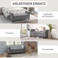 Graue Polsterbank in Samtoptik mit Stauraum, Masse 126x48.5x47cm. Eine geräumige und komfortable Sitzgelegenheit.