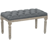 Graue Polsterbank im Vintage-Stil mit eleganter Knopfverzierung. Ein zeitloses Möbelstück für klassische Einrichtungen.