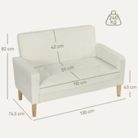 Polstersofa 2-Sitzer für Wohnzimmer und Schlafzimmer cremeweiss