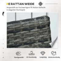 Graues gemütliches Polyrattan-Balkonset für zwei Personen, inklusive bequemer Kissen, perfekt für kleine Balkone.