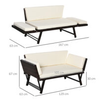 Braunes, klappbares Polyrattan-Gartensofa für zwei Personen.