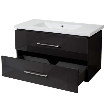 Premium Waschbecken mit Unterschrank hochglanz 90cm schwarz