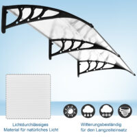 Transparentes Pultvordach für die Haustür, aus Polycarbonat und Aluminium, bietet modernen Wetterschutz.