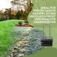 Eine schwarze Rasenwalze und Gartenwalze aus Metall mit 38 Litern Fassungsvermögen für Wasser oder Sand und einem U-Griff.