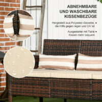 Braunes Rattan-Loungesofa für drei Personen mit Kissen.