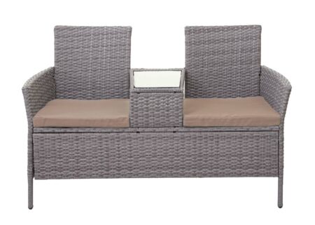 Rattan Gartenbank mit Tisch 132cm grau, Kissen creme