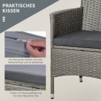 Dreiteiliges Rattan-Gartenmöbel-Set mit Tisch.