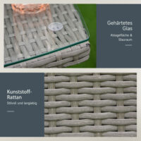 Dreiteiliges Rattan-Gartenmöbel-Set mit Tisch.