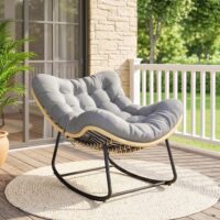 Rattan Schaukelstuhl mit Kissen für Garten Indoor Outdoor grau