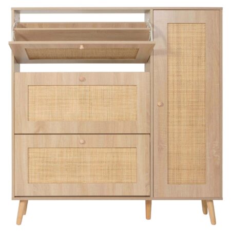 Rattan-Schuhkipper Schuhschrank 3 Kippfächer 2 Regalböden 127x120x24cm Eiche-Optik