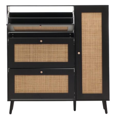 Rattan-Schuhkipper Schuhschrank 3 Kippfächer 2 Regalböden 127x120x24cm schwarz