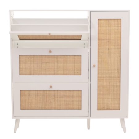 Rattan-Schuhkipper Schuhschrank 3 Kippfächer 2 Regalböden 127x120x24cm weiss