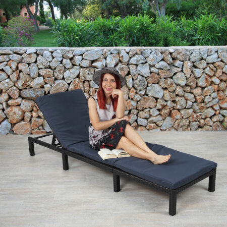 Rattan Sonnenliege Liegestuhl ~ Basic anthrazit, Kissen grau