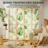 Raumteiler Boho faltbar mit tropischem Motiv und Holzrahmen