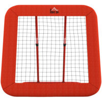 Roter höhenverstellbarer und klappbarer Rebounder mit Netz, vielseitig einsetzbar für verschiedene Ballsportarten.