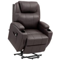 Elektrischer Relaxsessel in braunem Kunstleder beim Anheben durch die Aufstehfunktion.