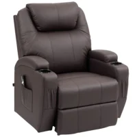 Brauner Relaxsessel aus Kunstleder mit Becherhaltern und Seitentaschen in aufrechter Position.