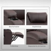 Detailbilder des Relaxsessels: Becherhalter, Kopfstütze, Fußstütze und gepolsterte Armlehne.