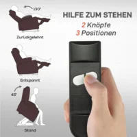 Fernbedienung des Relaxsessels mit zwei Knöpfen für drei Positionen: zurückgelehnt, entspannt und Standhilfe.