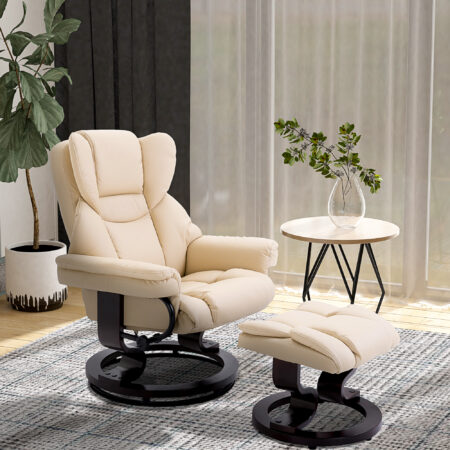 Relaxsessel mit Hocker Liegefunktion drehbar Kunstleder creme