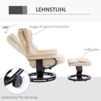 Relaxsessel mit Hocker Liegefunktion drehbar Kunstleder creme