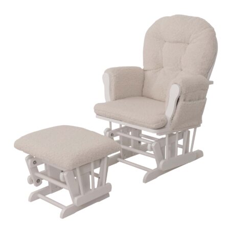 Relaxsessel Schaukelstuhl mit Hocker Bouclé Öko-Tex creme weisses Gestell