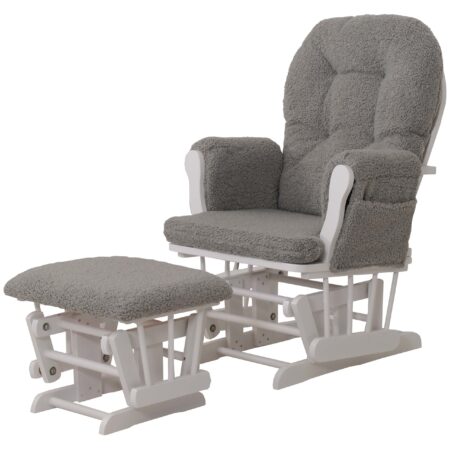 Relaxsessel Schaukelstuhl mit Hocker Bouclé Öko-Tex grau weisses Gestell