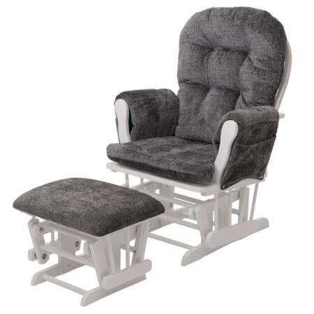 Relaxsessel Schaukelstuhl mit Hocker Chenille Öko-Tex dunkelgrau weisses Gestell