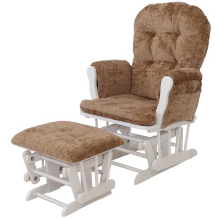 Relaxsessel Schaukelstuhl mit Hocker Chenille Öko-Tex hellbraun weisses Gestell