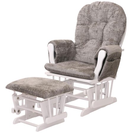 Relaxsessel Schaukelstuhl mit Hocker Chenille Öko-Tex hellgrau weisses Gestell