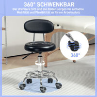 Rollhocker drehbar verstellbar mit Rückenlehne Kunstleder schwarz