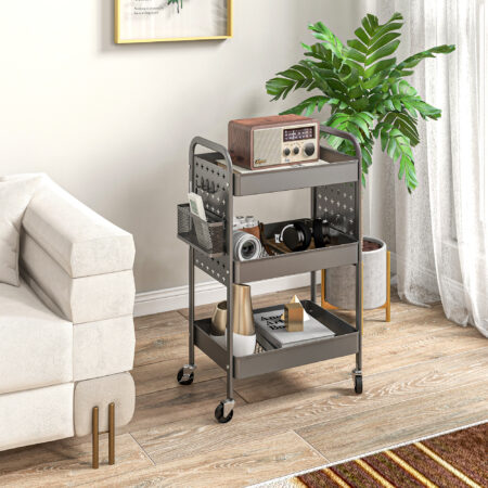 Rollwagen Servierwagen mit 3 Etagen und 2 Hängekörben Grau