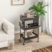 Rollwagen Servierwagen mit 3 Etagen und 2 Hängekörben Schwarz