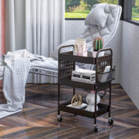 Rollwagen Servierwagen mit 3 Etagen und 2 Hängekörben Schwarz