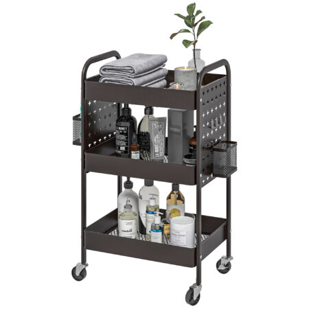 Rollwagen Servierwagen mit 3 Etagen und 2 Hängekörben Schwarz