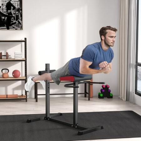 Schwarzer höhenverstellbarer Rückentrainer, ein vielseitiges Fitnessgerät, das auch als Bauchtrainer genutzt werden kann.