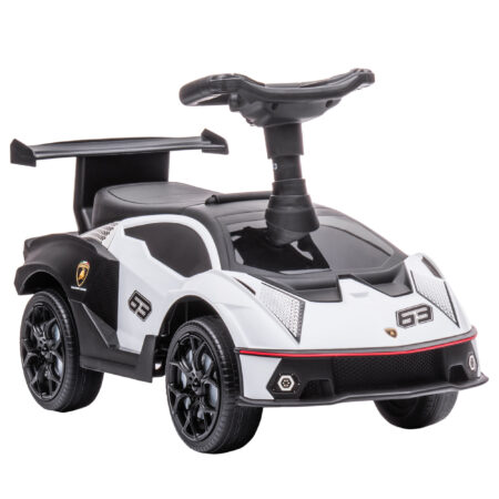 Weiss-schwarzes Rutschauto als Kinderfahrzeug mit Hupe, perfekt für den Einsatz drinnen und draussen.
