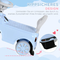 Hellblaues Rutschauto für Kinder mit Kippschutz, kompakt und sicher für kleine Fahrer, Grösse 53x52x35cm.