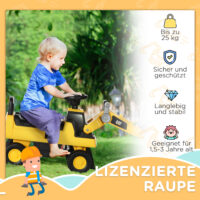 Gelb-schwarzes Rutschauto im Design eines Sitzbaggers mit Hupe, geeignet für Kinder ab 12 Monaten.