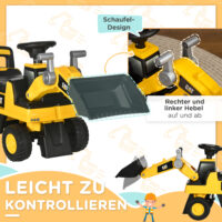 Gelb-schwarzes Rutschauto im Design eines Sitzbaggers mit Hupe, geeignet für Kinder ab 12 Monaten.