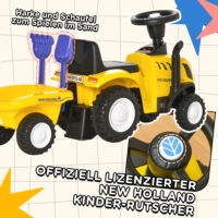 Gelbes Rutschauto im Traktor-Design mit abnehmbarem Anhänger, ideal für Kinder ab 2 Jahren. Perfekt zum Transportieren von Spielzeug und Entdecken.