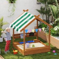 Sandkasten mit Dach und Spielzeug für Kinder aus Holz grün