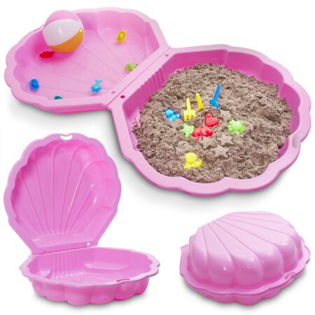 Rosa Muschel-Sandkasten mit klappbarem Deckel zum Schutz vor Schmutz.