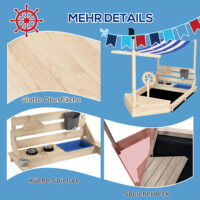 Sandkasten mit Sonnendach und Piratenschiff-Design für Kinder aus Holz