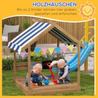 Sandkasten mit Sonnenschutz und Spielzeug für Kinder aus Holz